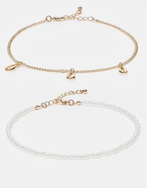 pack of 3 anklets with  faux pearl  and shell charm design in gold tone